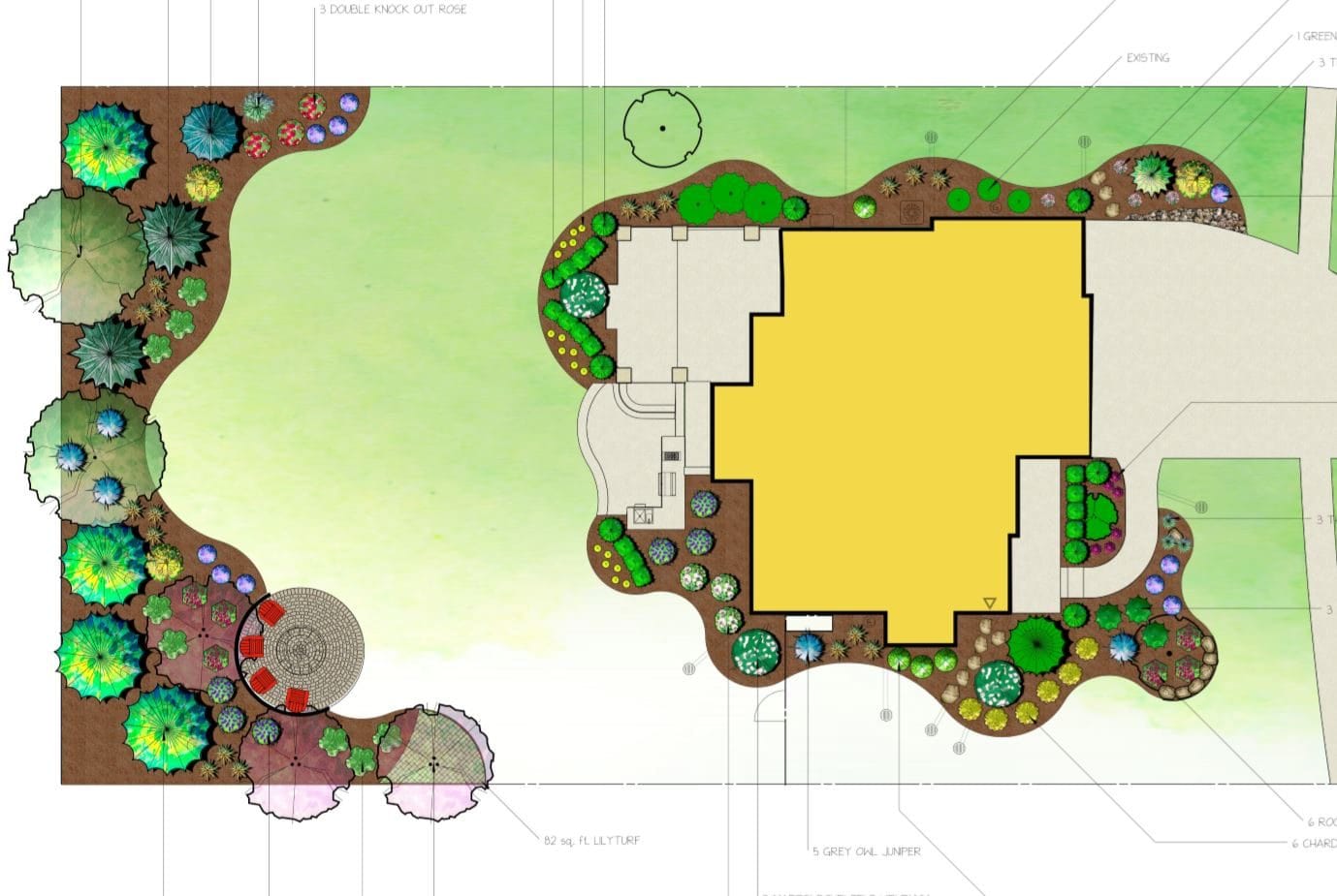 Color landscape plan of a backyard showing planting beds, lawn, and a patio