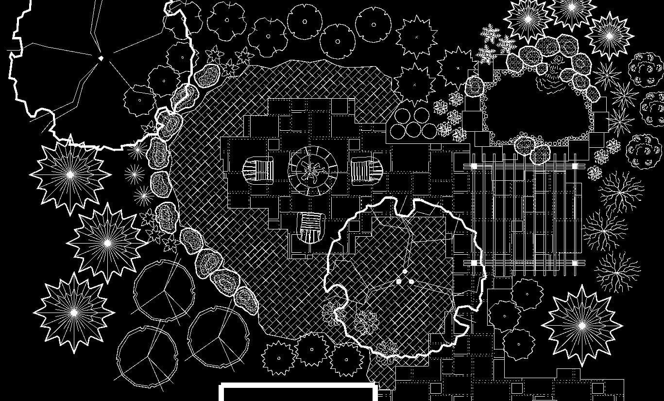 Technical CAD landscape planting plan drawn as white linework on black