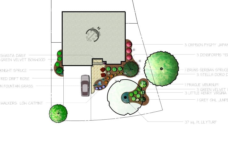 Front-yard landscape design plan with driveway, walkway, and labeled plantings
