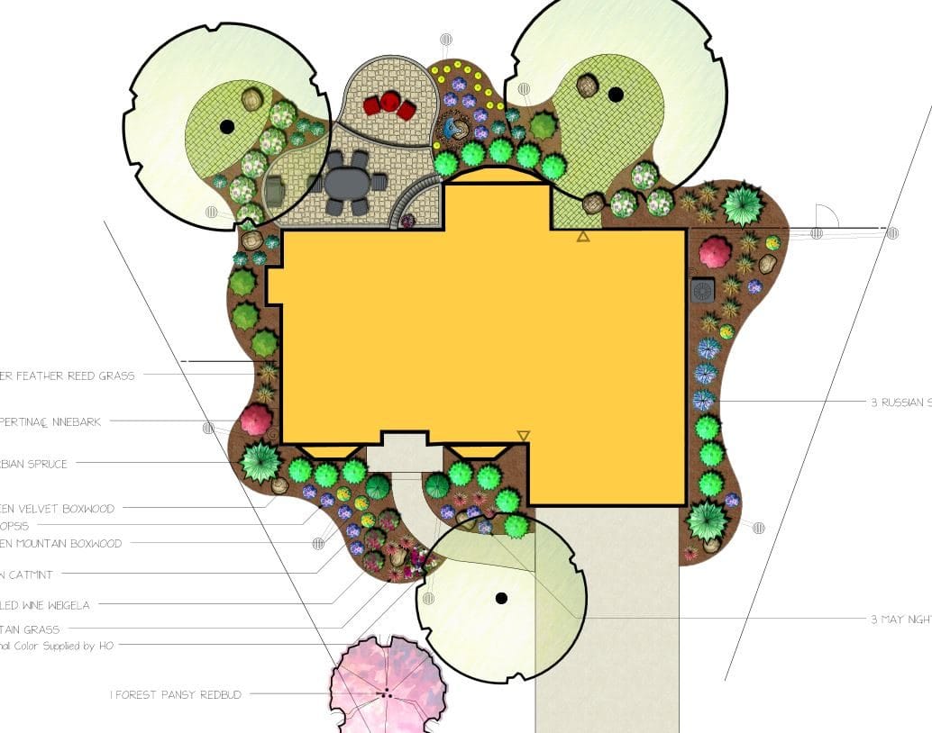 Color landscape design plan showing planting beds and hardscape drawn around a home