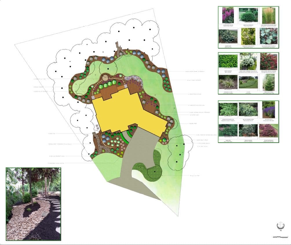 Landscape plan shown with photographs of the selected plants and materials